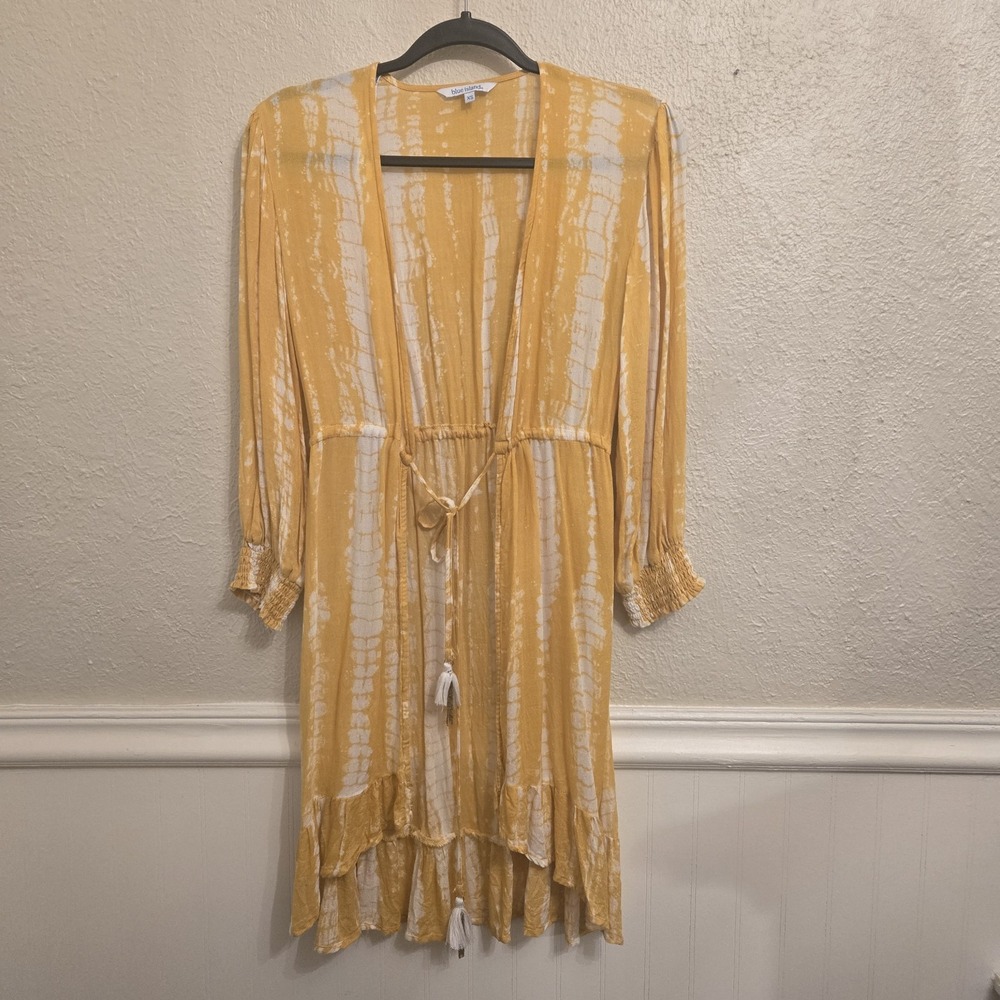 Blue Island Womens XS Yellow Tie Dye Kimono Cover Up Tassel Drawstring‎ Boho